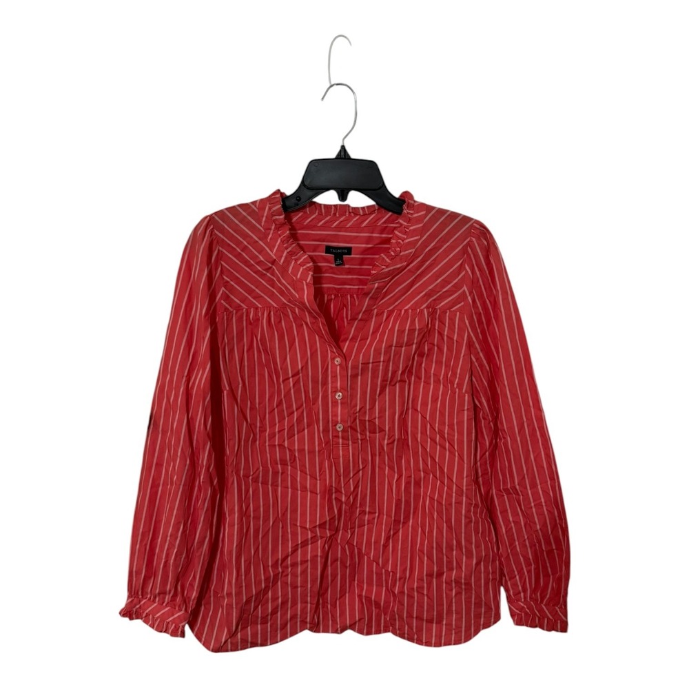 Talbots Womens Coral Red White Striped Ruffle Neck Cotton Blouse Large L
